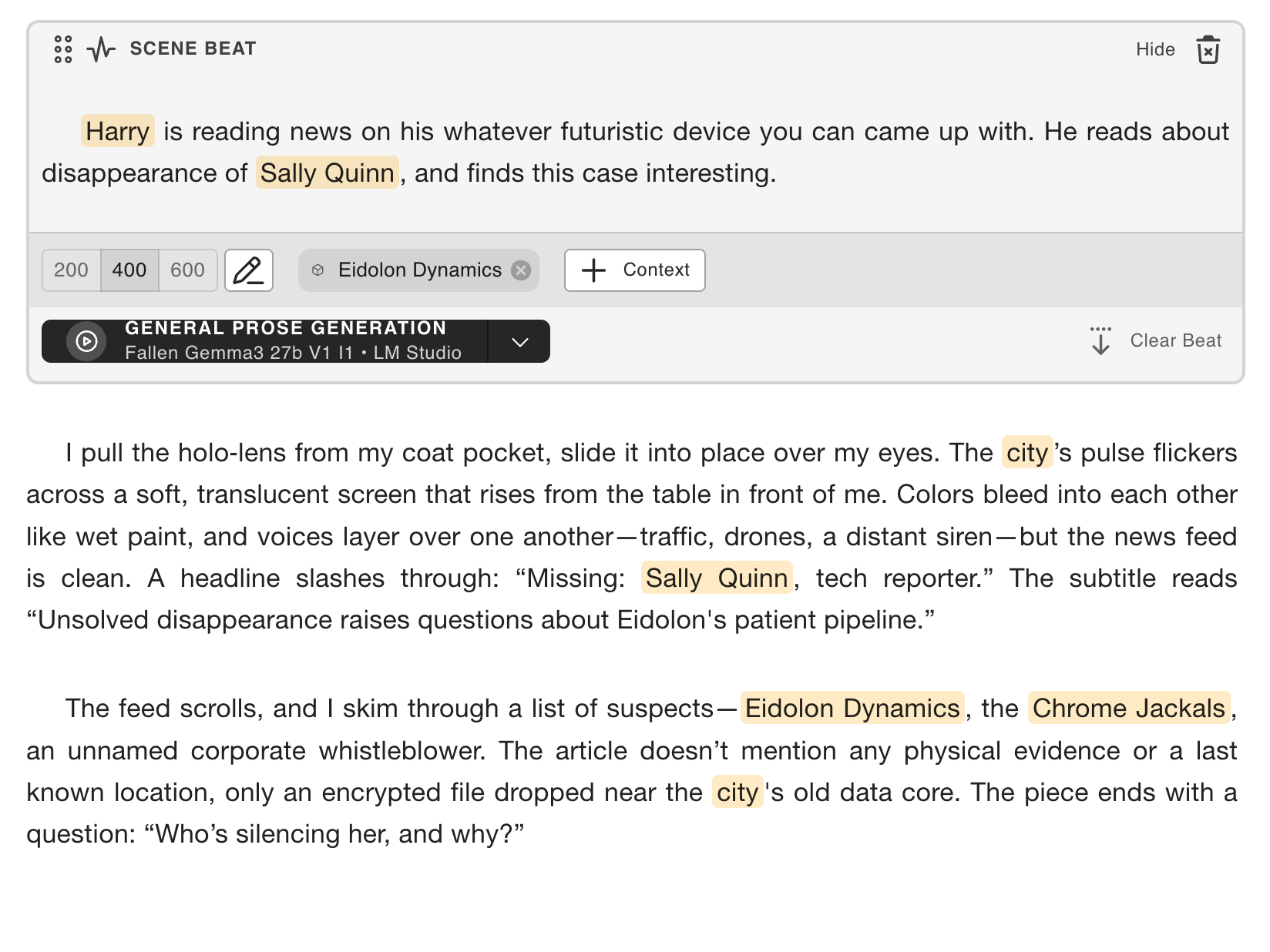Beat block showing AI-suggested scene beat details