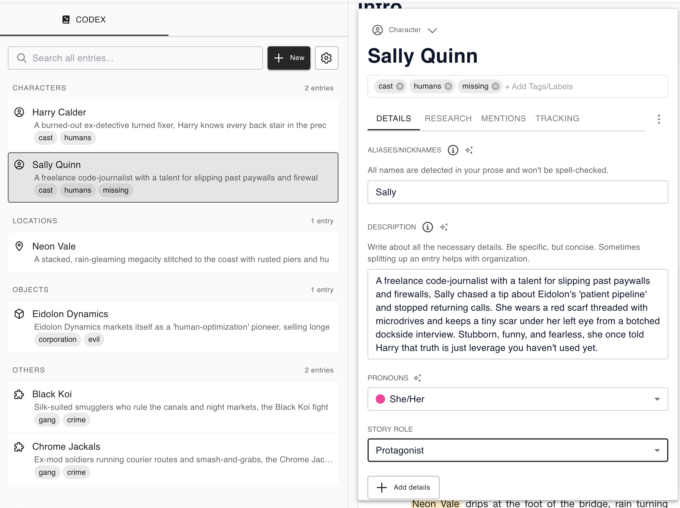 Codex with characters & locations.