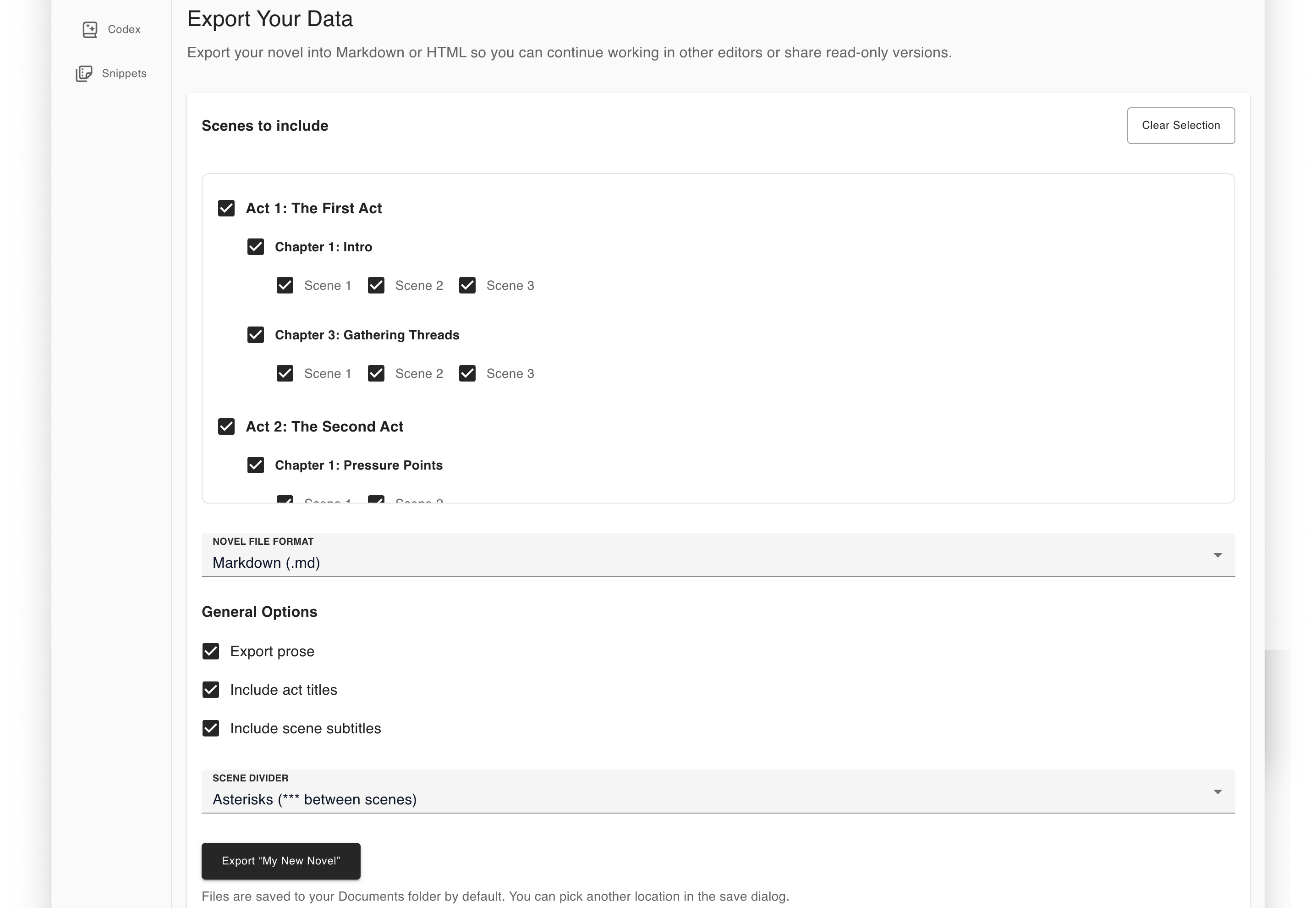 Export the whole book or any slice as Markdown.