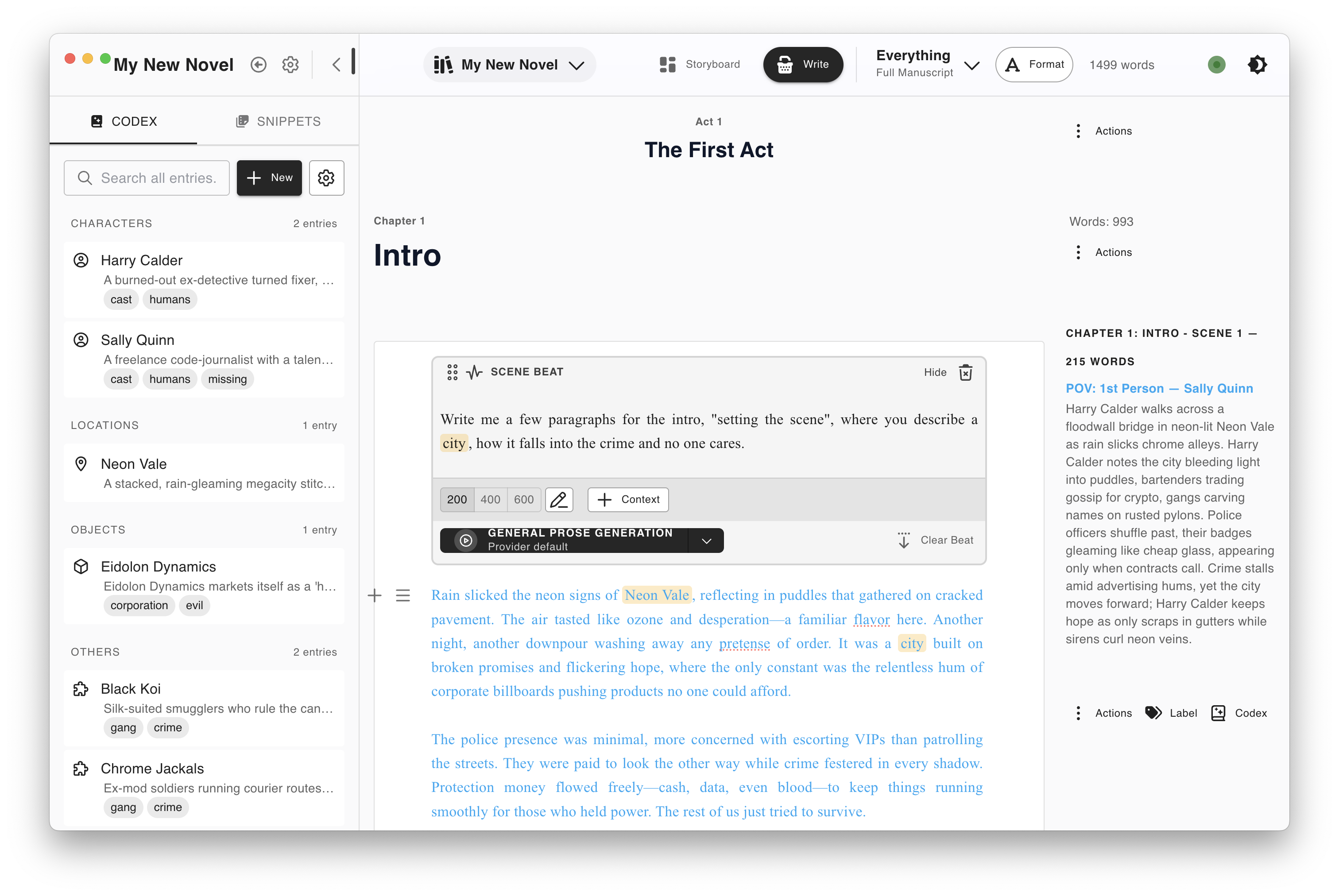 Lis Novel editor with manuscript, codex, and storyboard panels