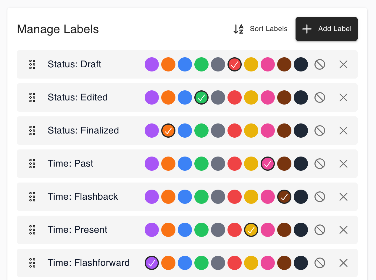 Label manager UI to manage labels and colors.