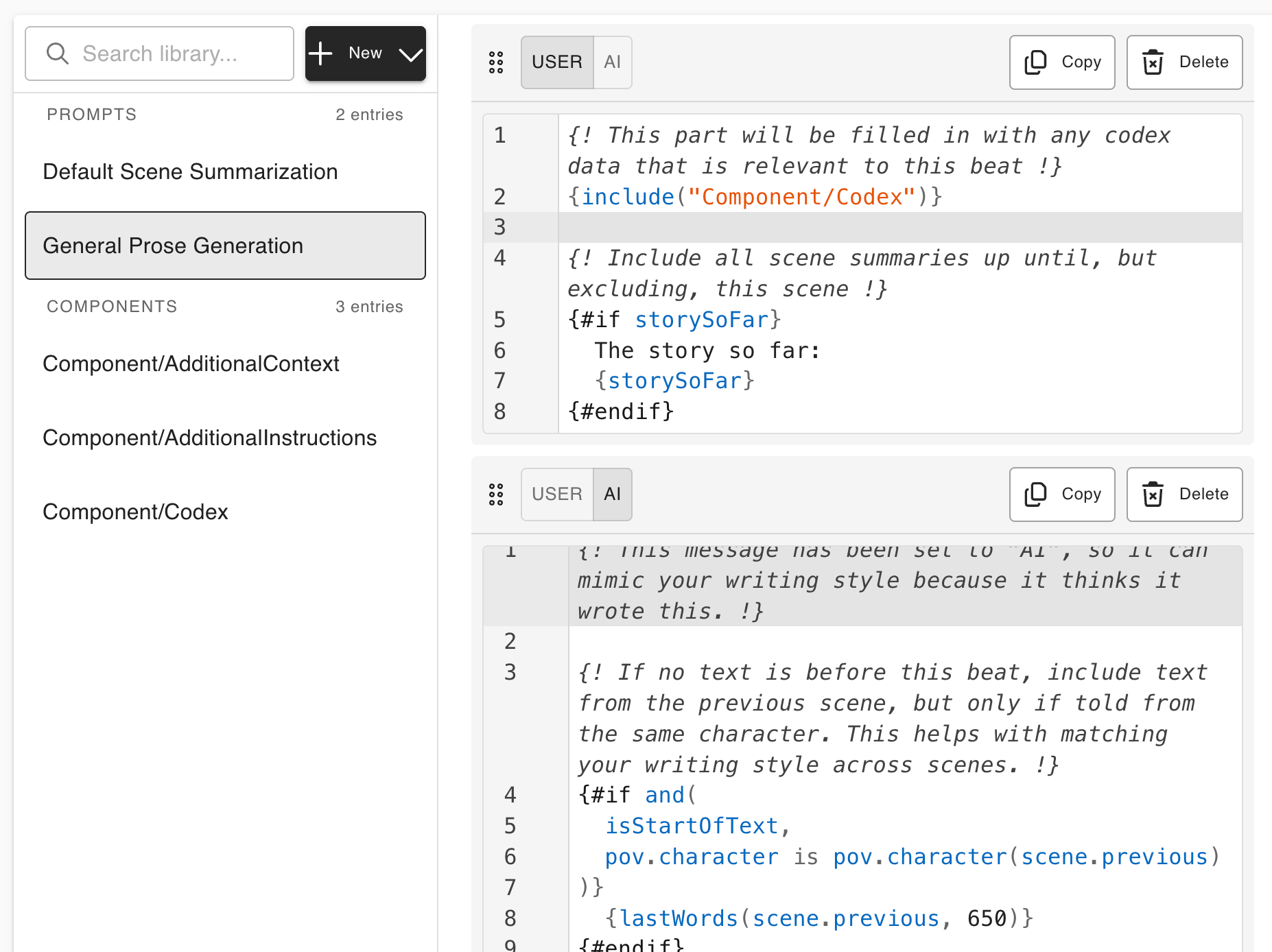 Prompt library with reusable templates and syntax highlighting.