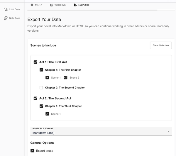 Export the whole book or any slice as Markdown.