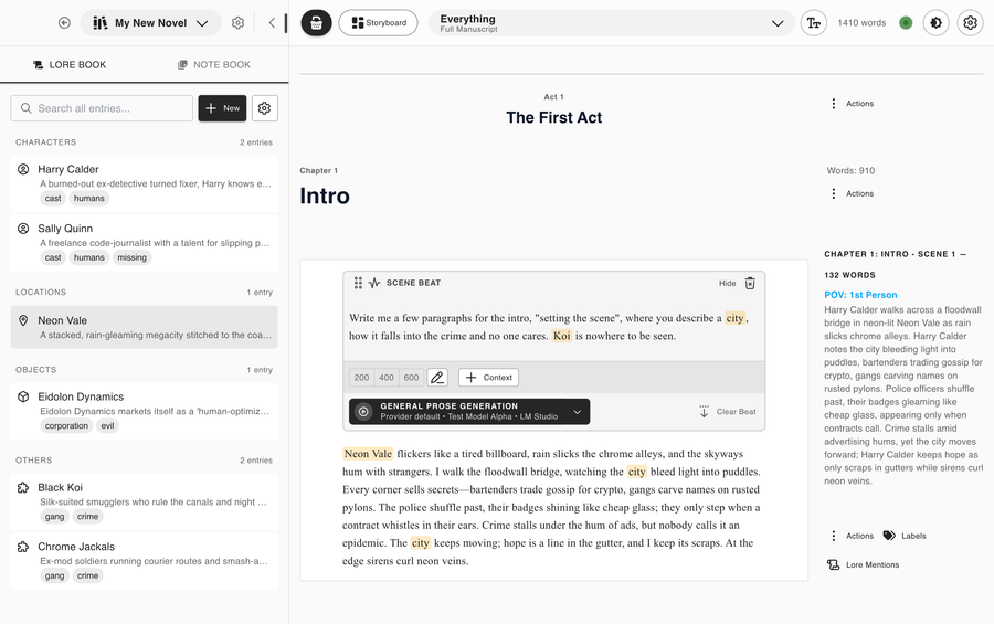 Lis Novel editor with manuscript, lore, and storyboard panels