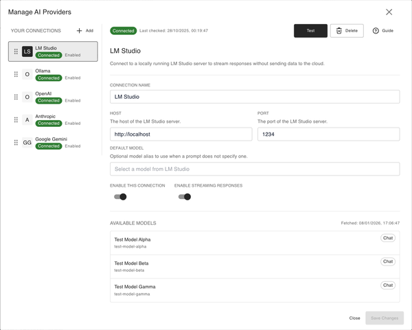 BYOK & local backends configured in one place.
