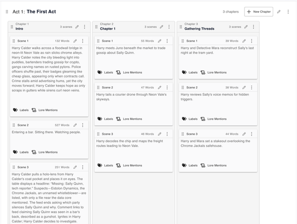 Card-based storyboard with chapters and scenes.