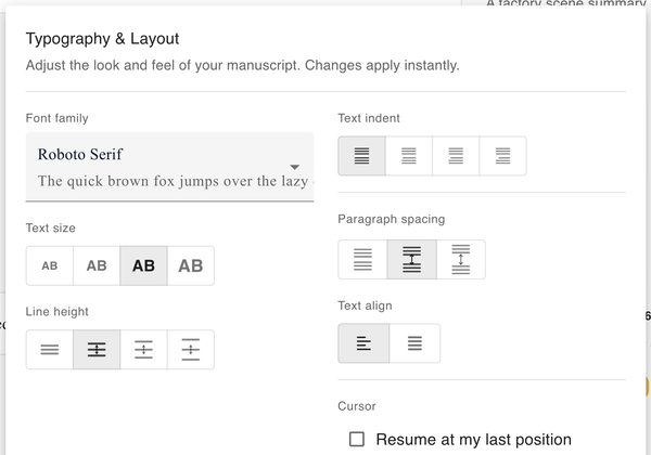 Formatting options with typography, spacing and indents