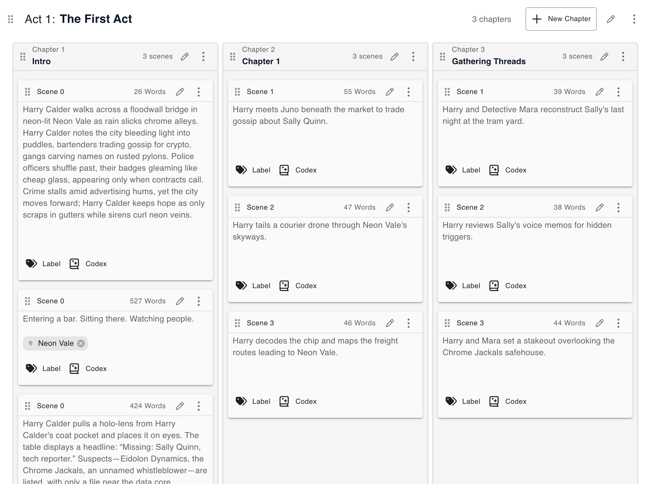 Card-based storyboard with chapters and scenes.