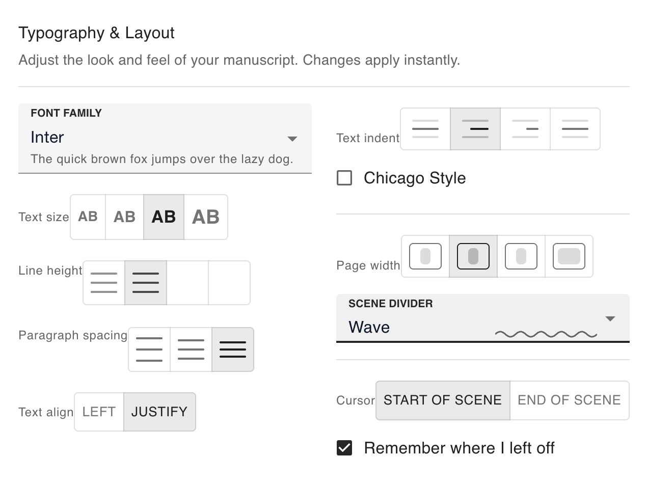 Formatting options with typography, spacing and indents
